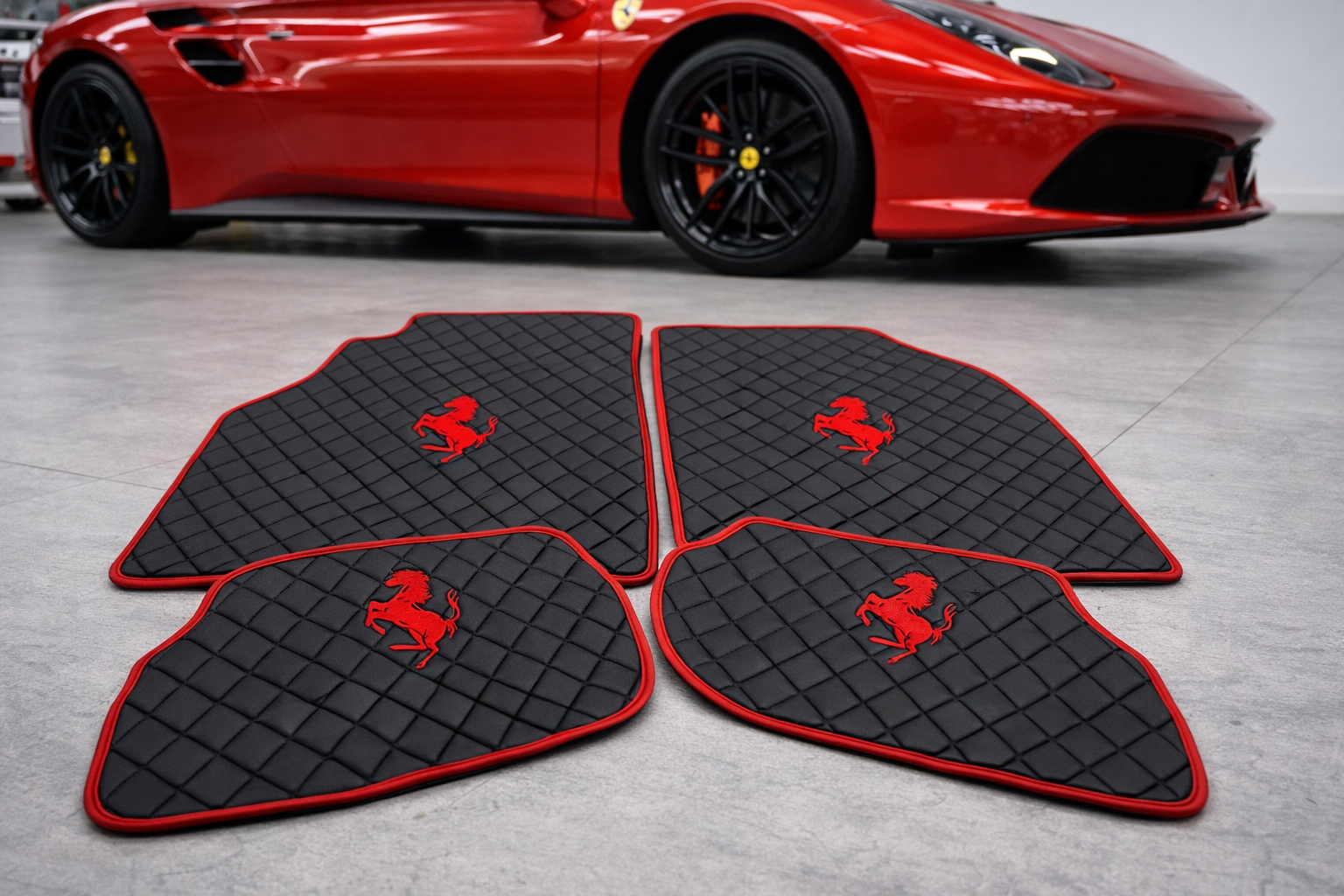Ferrari Premium Leather Floor Mats  Diamond Quilted Design with Prancing Horse  Luxury Car Mat Set