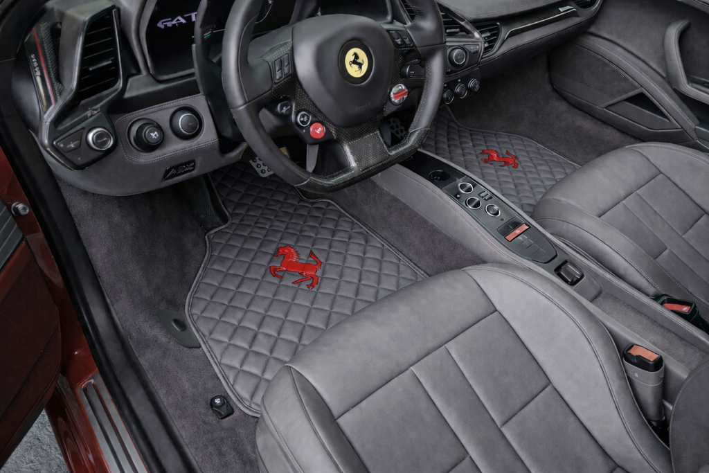 Ferrari Premium Leather Floor Mats  Diamond Quilted Design with Prancing Horse  Luxury Car Mat Set